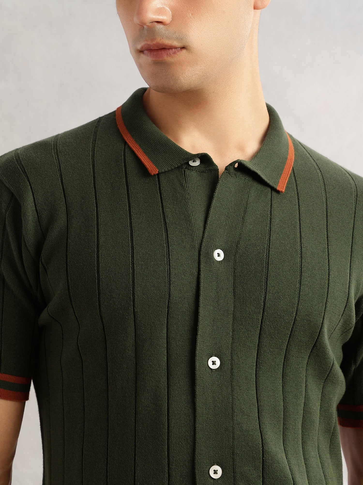 Thomas Scott Men Olive Regular Fit Short Sleeves Striped 100% Cotton Knitted Cardigan Sweater