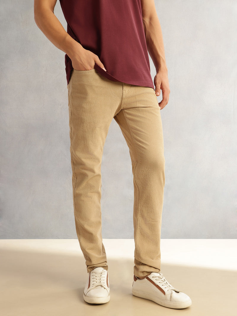 Thomas Scott Men Fawn Regular Fit Mid-Rise 5 Pockets Gabbar Corduroy Chinos Trouser
