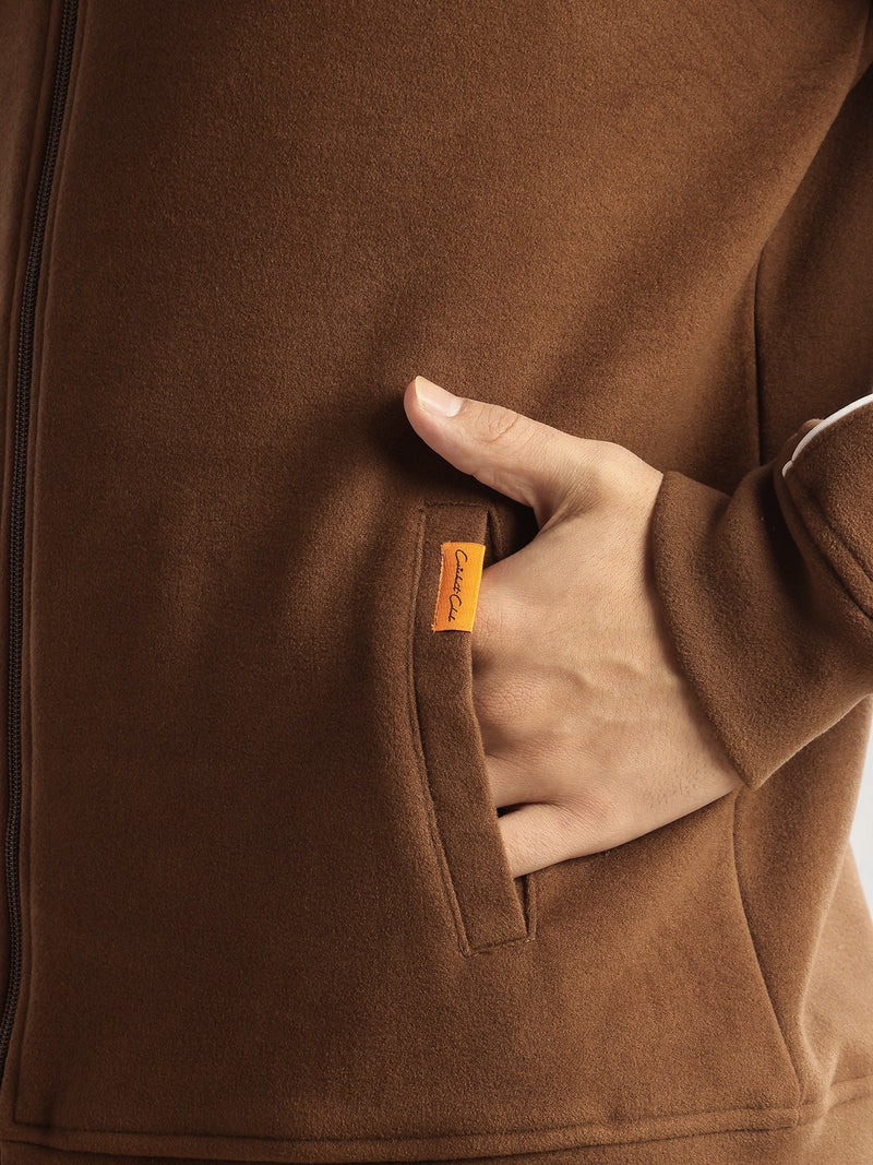Thomas Scott Men Brown Regular Fit Long Sleeves Mandarin Collar Self Design Dry Clean Polyester Knitted Open-Front Jacket