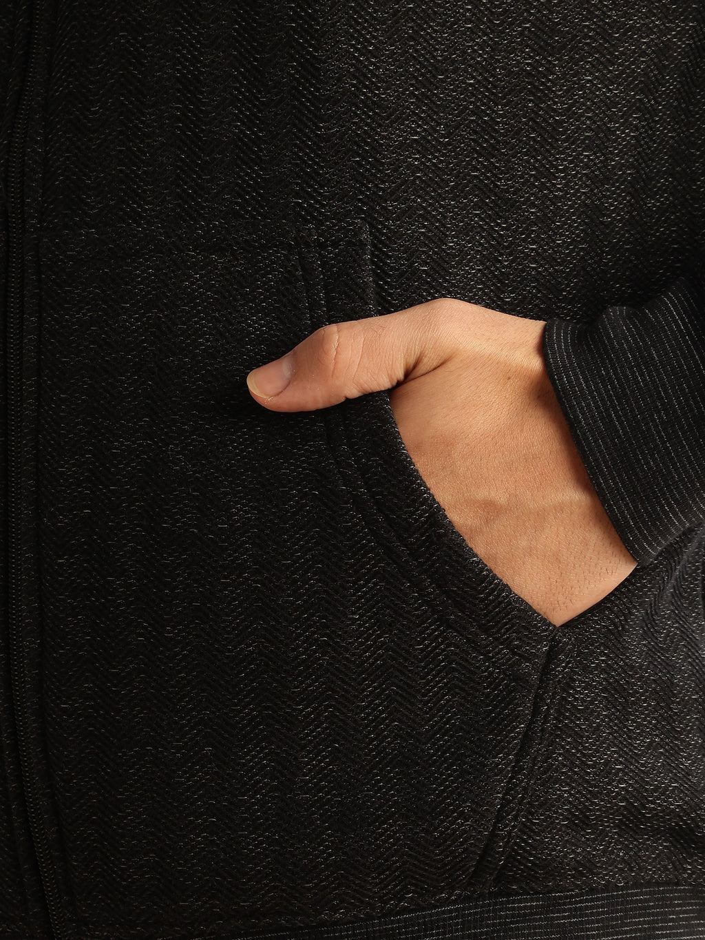 Thomas Scott Men Black Regular Fit Long Sleeves 2 Pockets Front-Open Knitted Hooded Sweatshirt