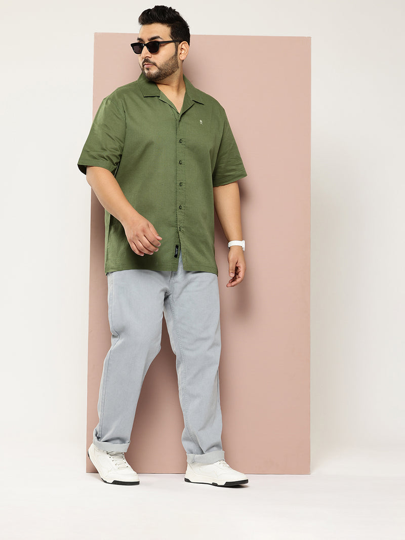 Thomas Scott Men Green Plus Size Oversized Fit Short Sleeves Cuban Collar Solid Cotton Linen Casual Shirt