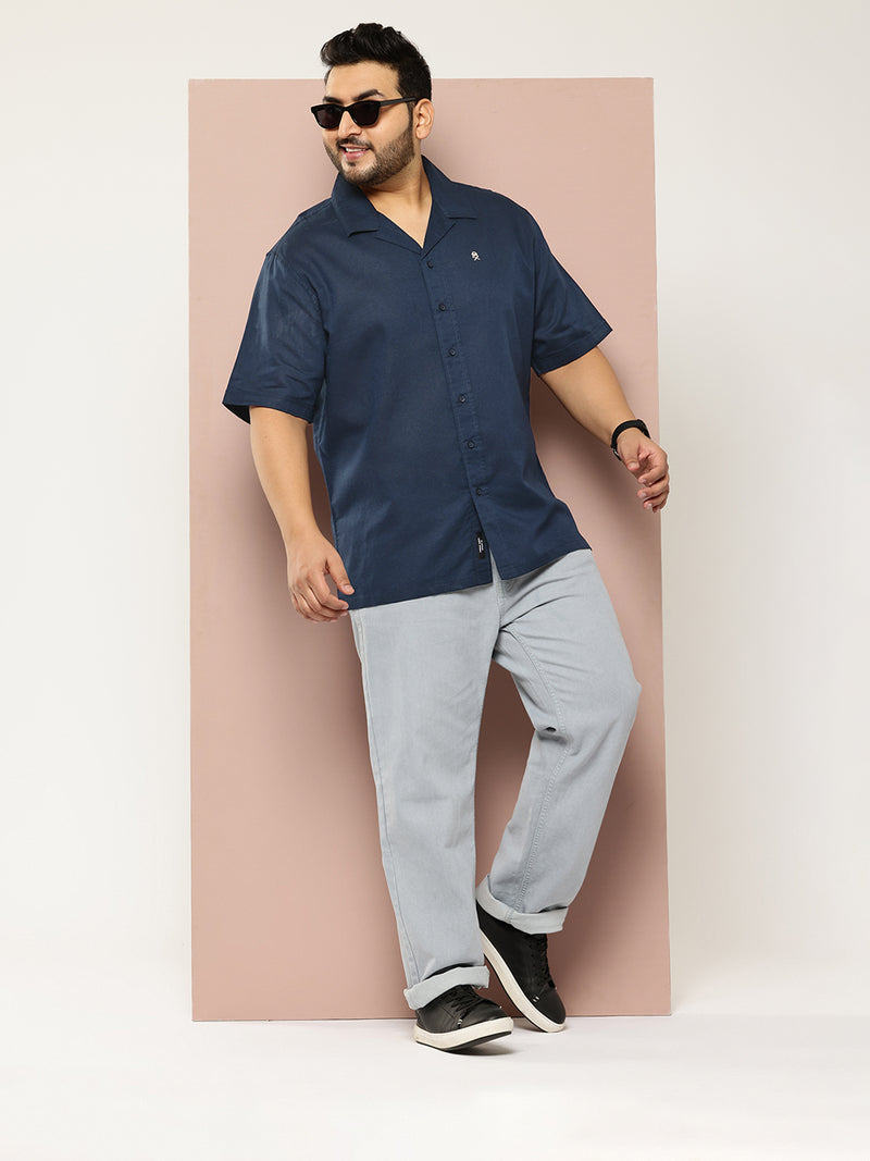 Thomas Scott Men Navy Plus Size Oversized Fit Short Sleeves Cuban Collar Solid Cotton Linen Casual Shirt