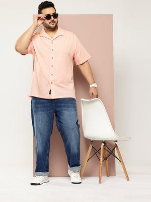 Peach Plus Size Oversized Fit Short Sleeves Cuban Collar Solid Cotton Linen Casual Shirt For Men