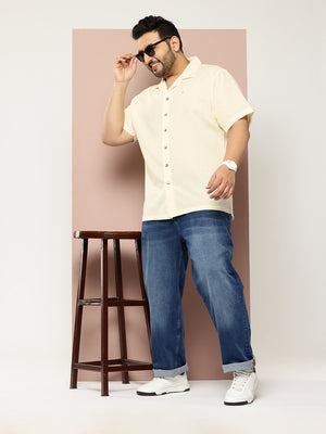 Yellow Plus Size Oversized Fit Short Sleeves Cuban Collar Solid Cotton Linen Casual Shirt For Men