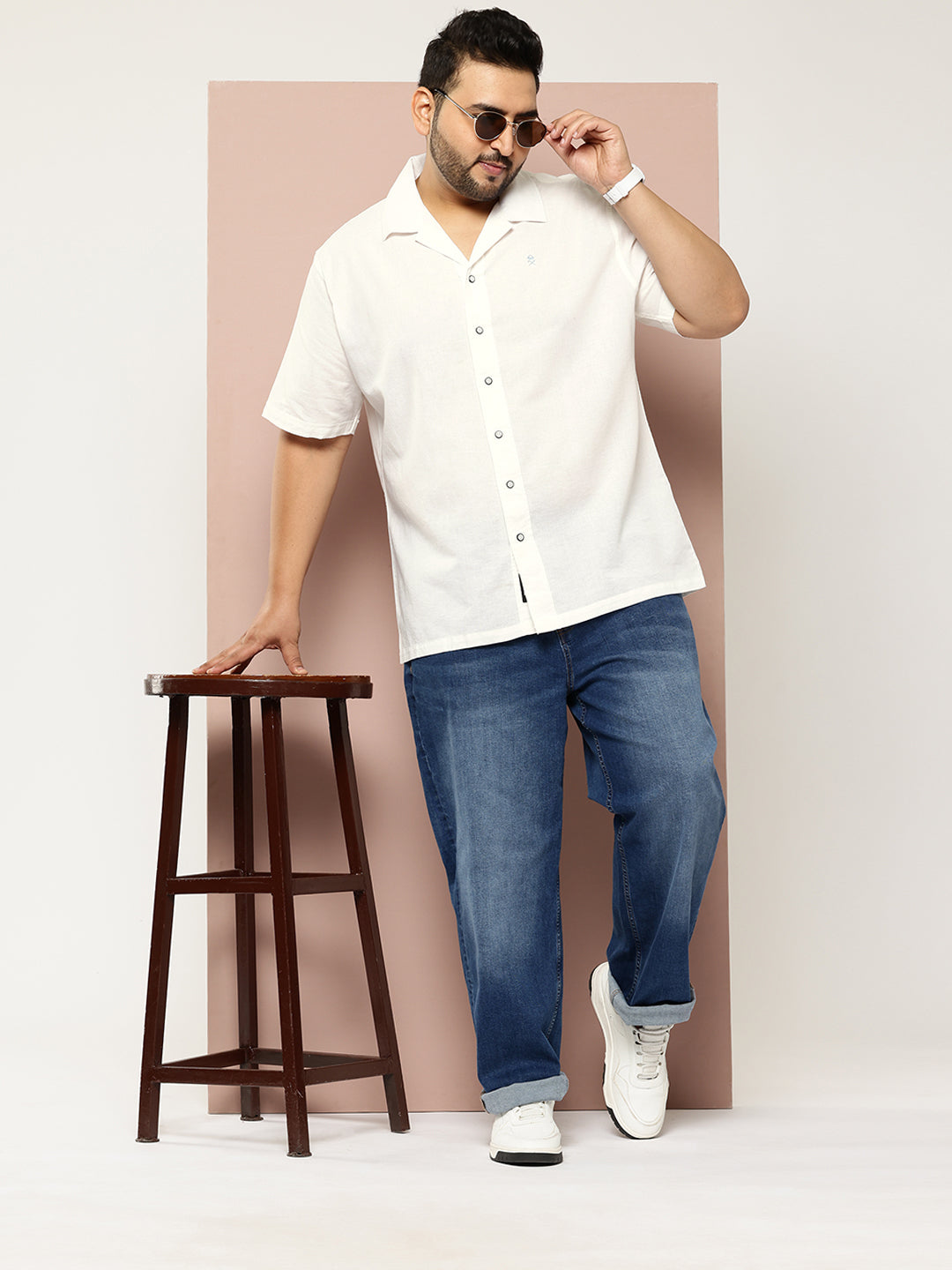 Thomas Scott Men White Plus Size Oversized Fit Short Sleeves Cuban Collar Solid Cotton Linen Casual Shirt