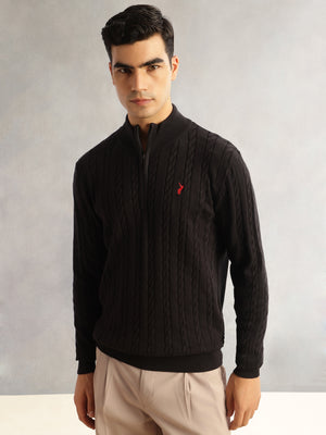 Thomas Scott Men Black Regular Fit Long Sleeves Mock Collar Cable Knitted Pullover Sweater