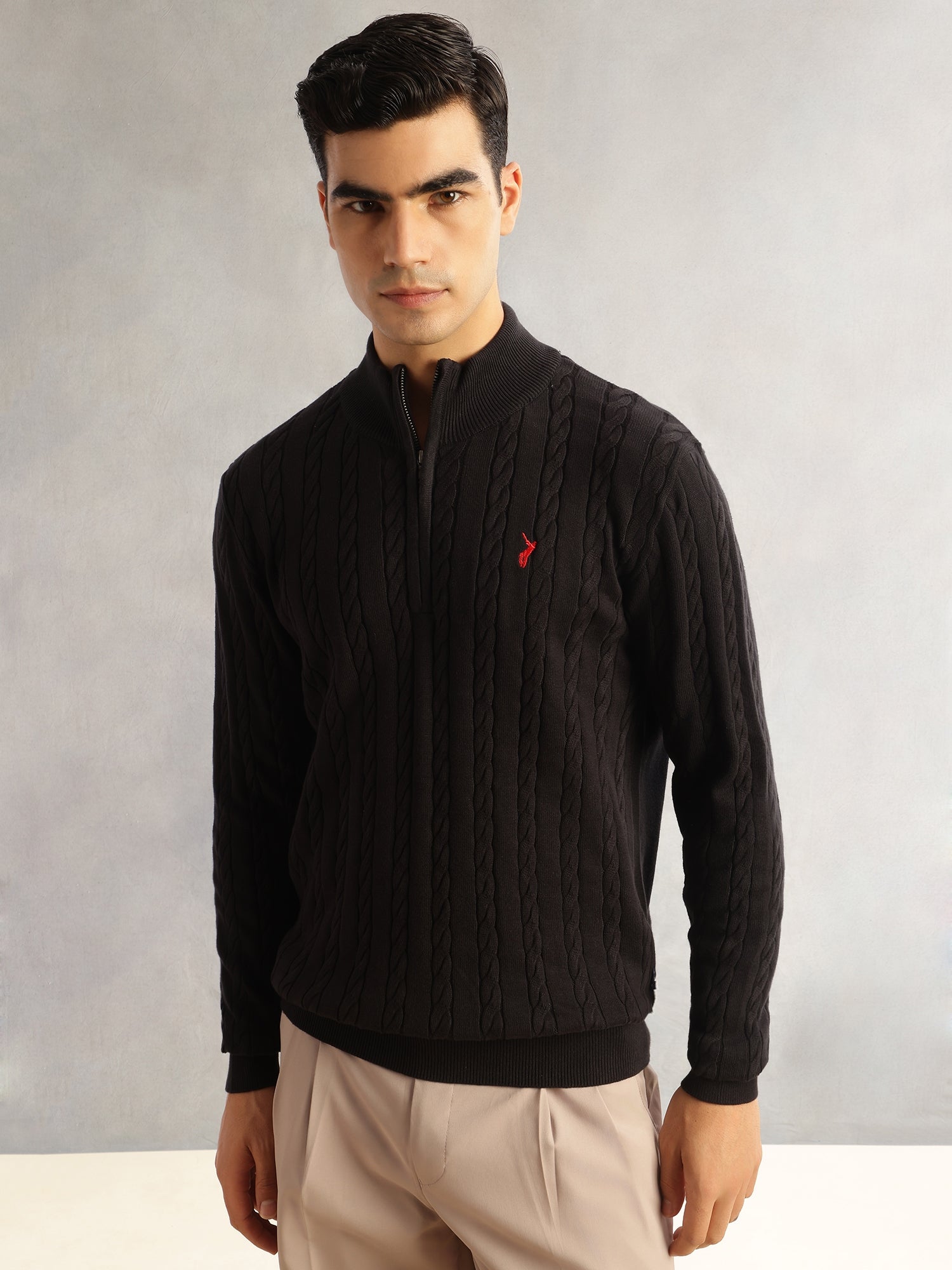 Thomas Scott Men Black Regular Fit Long Sleeves Mock Collar Cable Knitted Pullover Sweater
