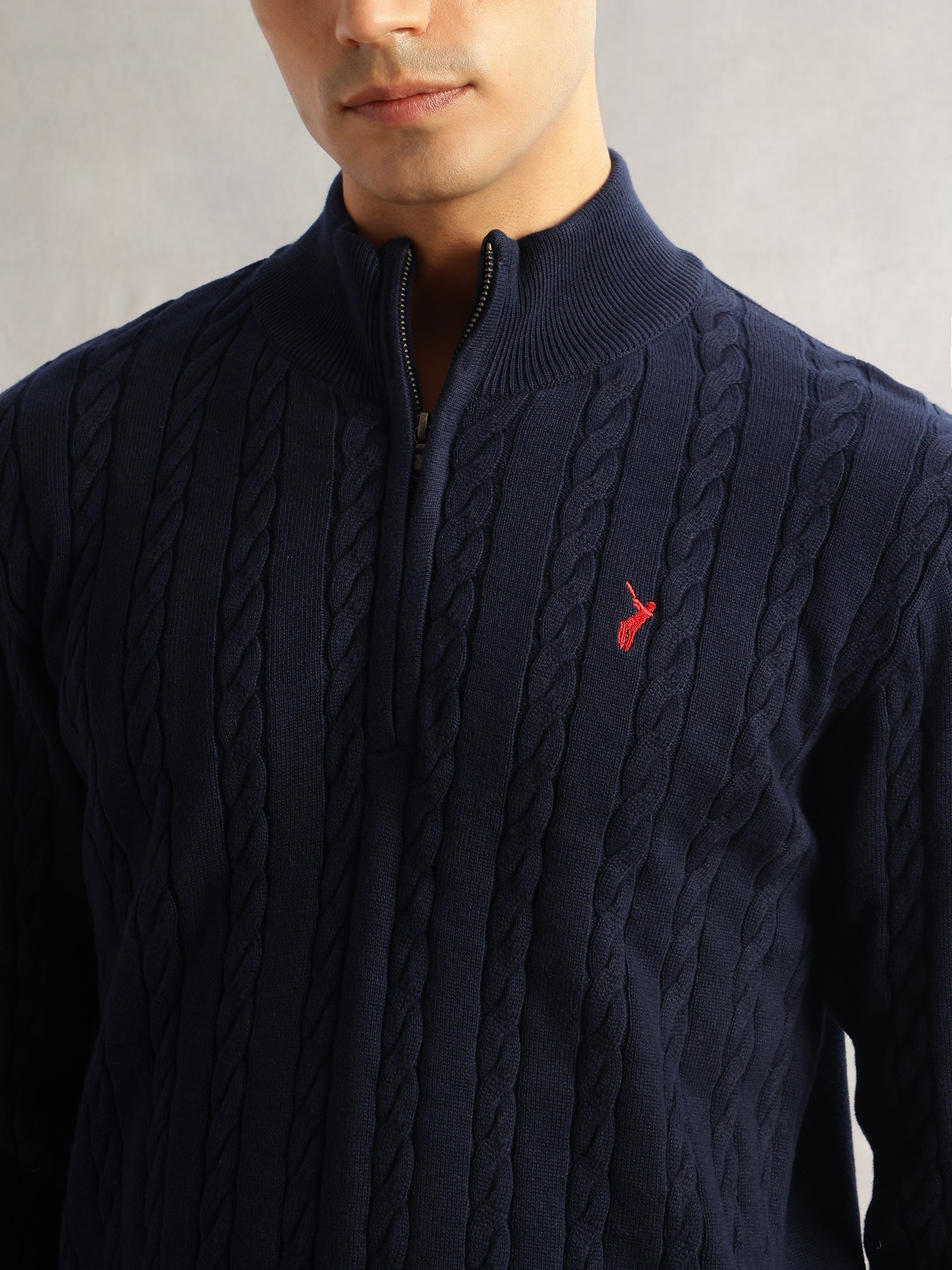 Thomas Scott Men Navy Regular Fit Long Sleeves Mock Collar Cable Knitted Pullover Sweater