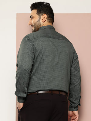 Green Plus Size Regular Fit Long Sleeves Cutaway Collar Geometric Printed 100% Cotton Satin Formal Shirt For Men