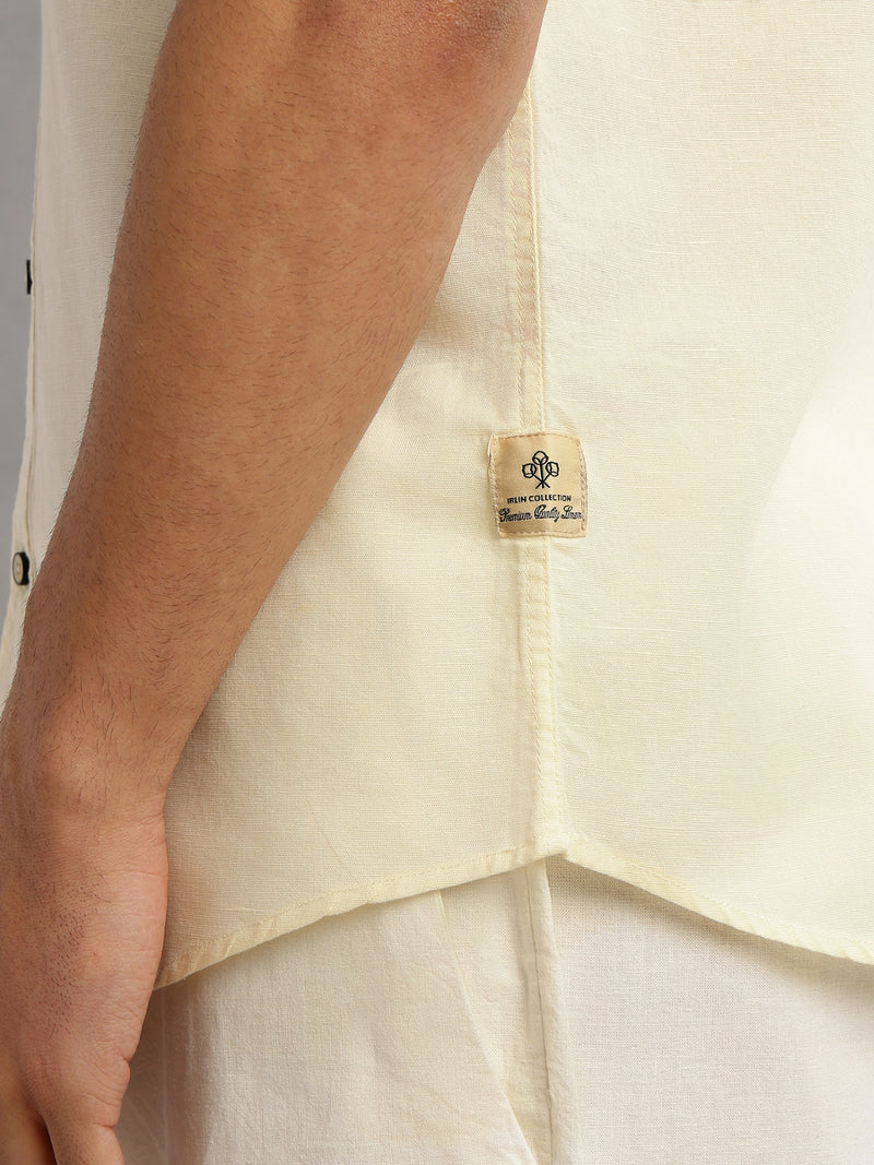 Thomas Scott Men Lemon Premium Regular Fit Short Sleeves Spread Collar Solid Linen Casual Shirt