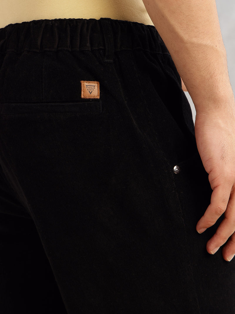 Thomas Scott Men Black Regular Fit Mid-Rise 4 Pockets Woven Corduroy Trouser