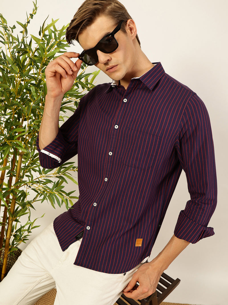 Thomas Scott Men Purple Slim Fit Long Sleeves Spread Collar Pinstripes Cotton Casual Shirt