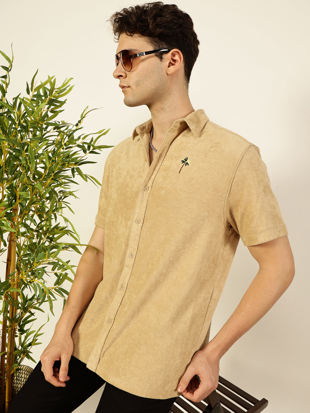 Thomas Scott Men Cream Towel Terry Relaxed Fit Short Sleeves Spread Collar Knitted Casual Shirt