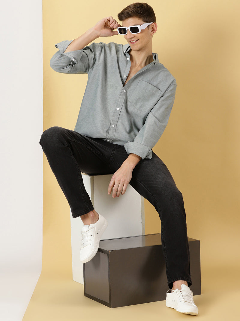 Thomas Scott Men Olive Boxy Fit Long Sleeves Spread Collar Solid 100% Cotton Oxford Casual Shirt