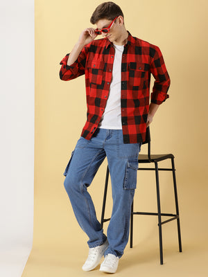 Thomas Scott Men Red Regular Fit Long Sleeves Buffalo Checked 2 Flap Pockets Twill Cotton Shirt