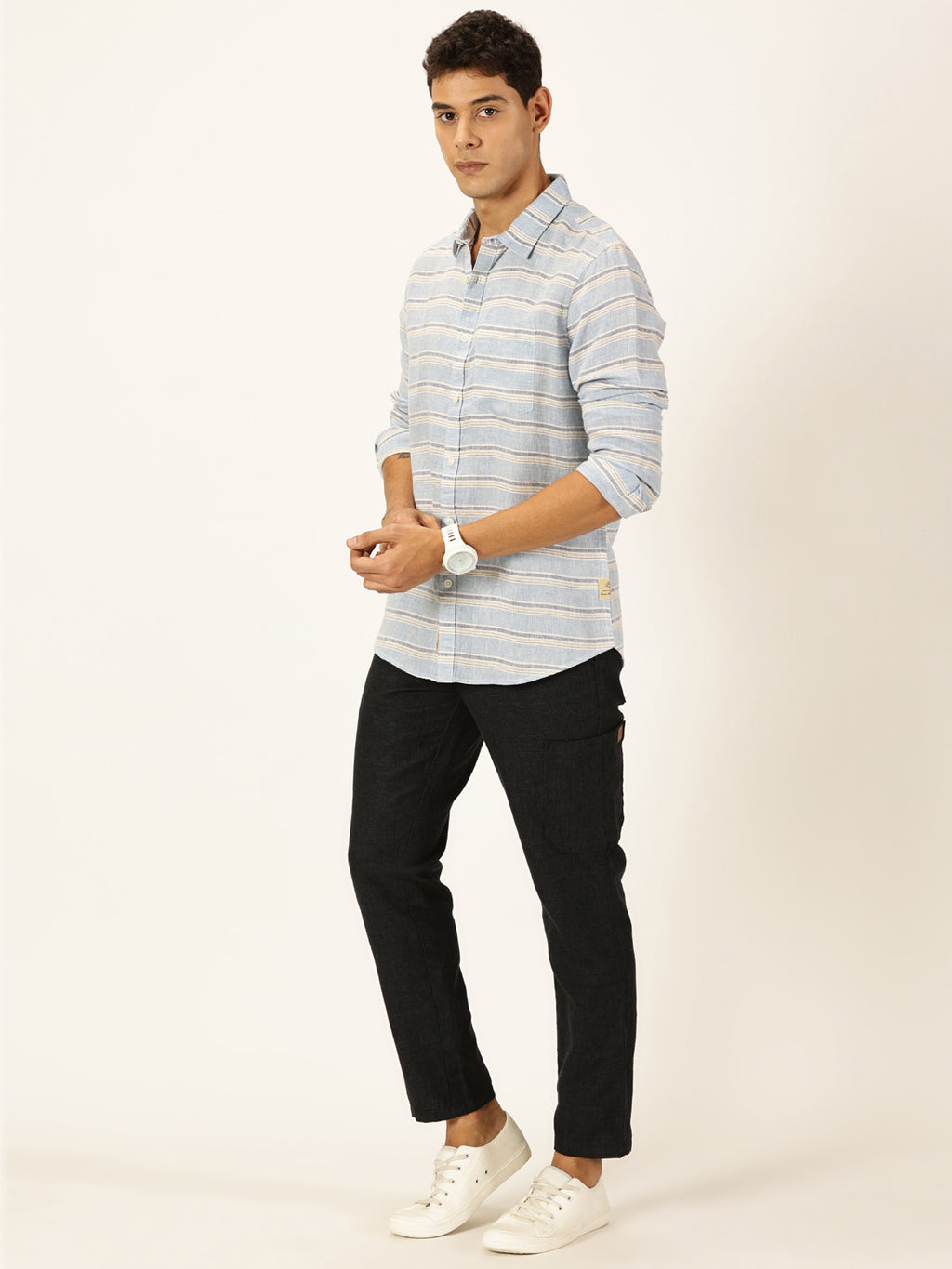 Thomas Scott Men Blue Slim Fit Long Sleeves Spread Collar Horizontal Stripes Linen Casual Shirt