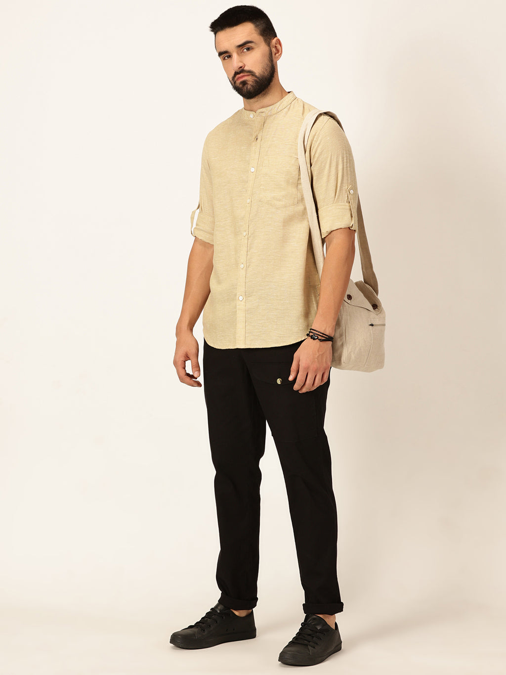 Thomas Scott Men Khaki Slim Fit Long Sleeves Mandarin Collar Cotton Linen Casual Shirt