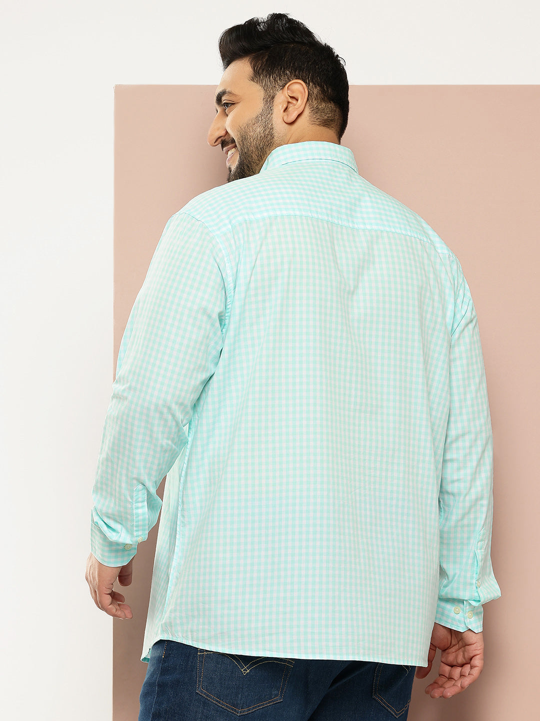 Thomas Scott Men Aqua Cricket Club Plus Size Regular Fit Long Sleeves Spread Collar Gingham Checks 100% Cotton Casual Shirt