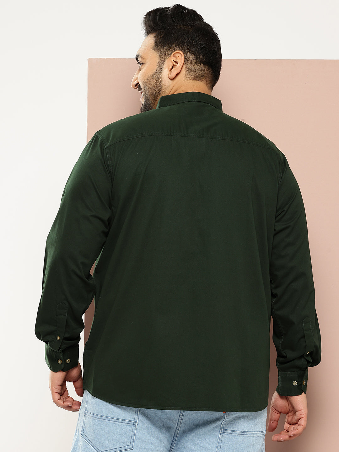 Thomas Scott Men Bottle Green Plus Size Long Sleeves Spread Collar Solid 100% Cotton Casual Shirt