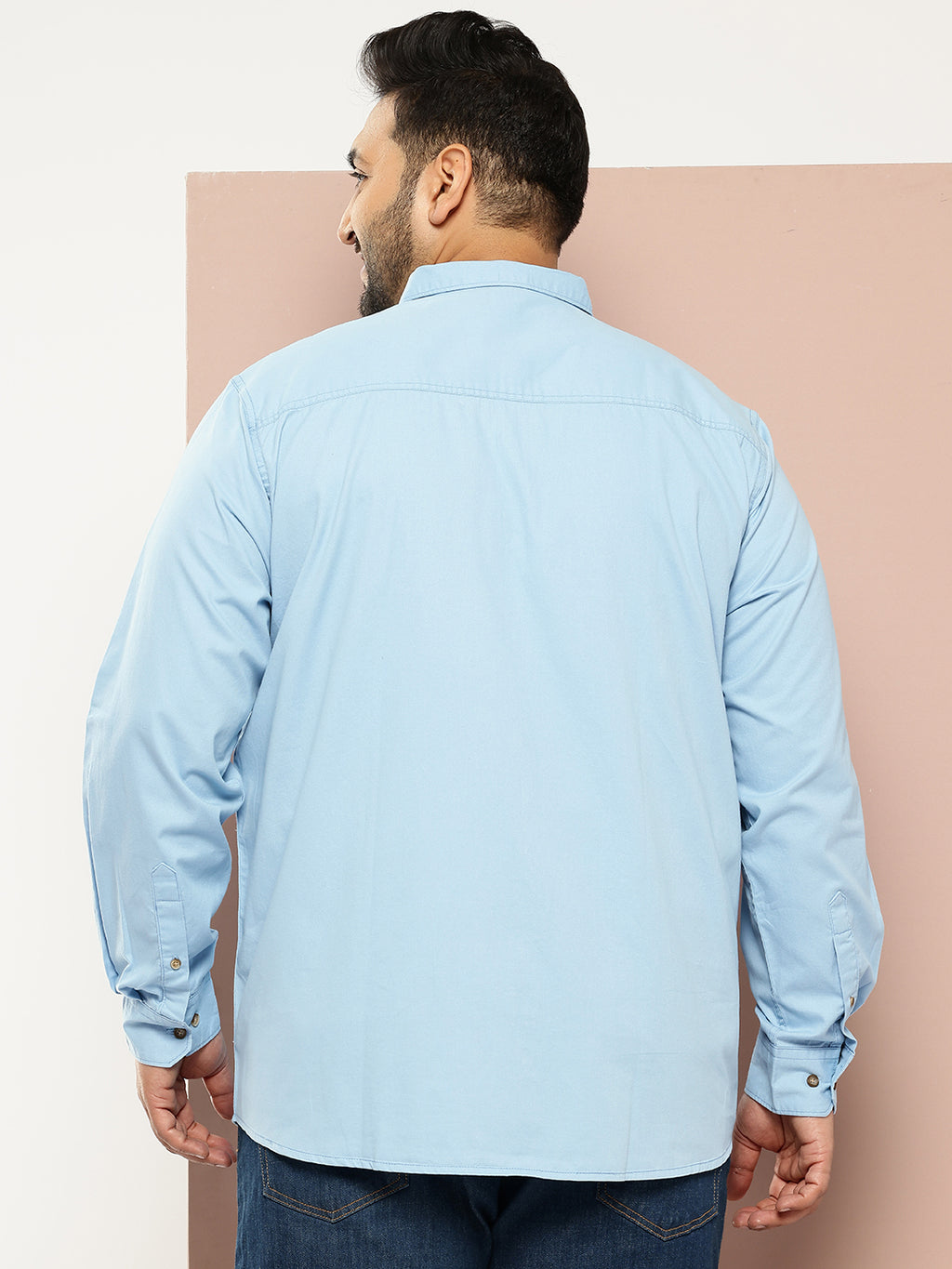 Thomas Scott Men Mid Blue Plus Size Long Sleeves Spread Collar Solid 100% Cotton Casual Shirt