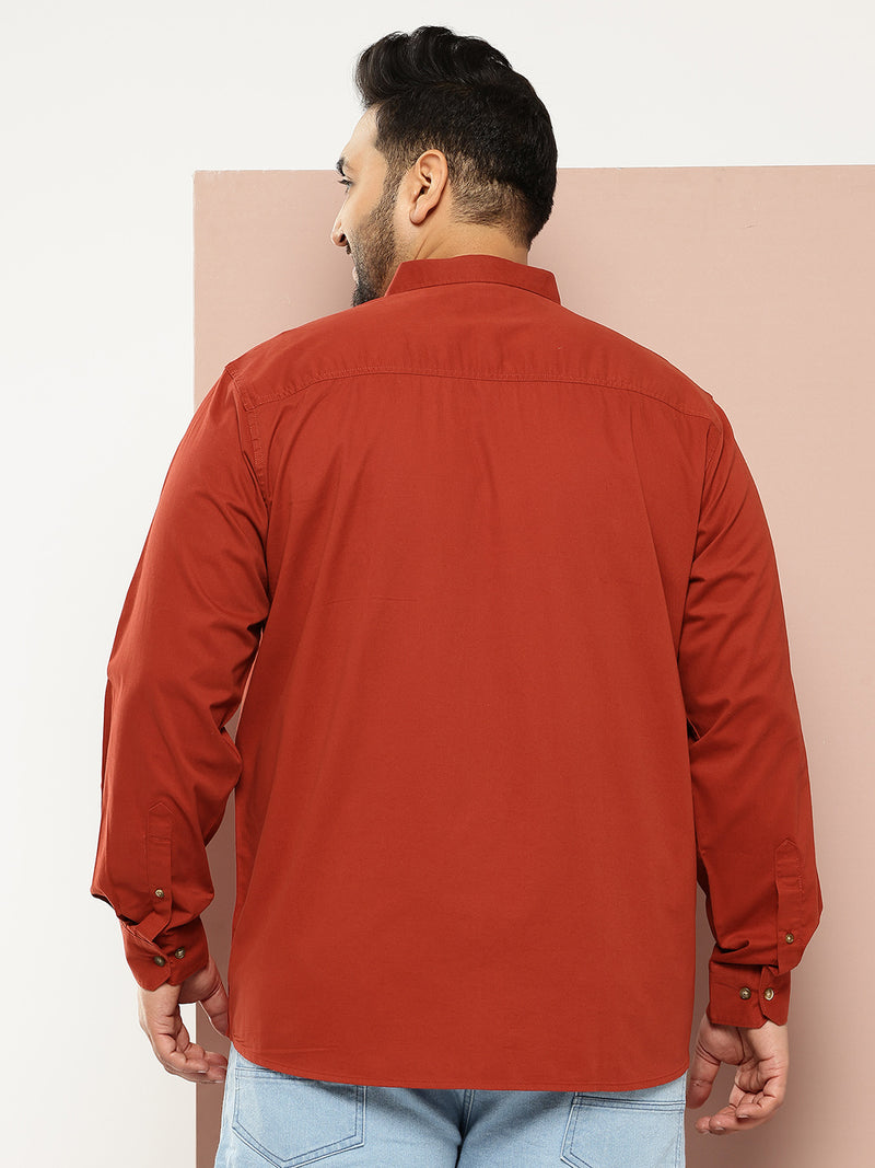 Thomas Scott Men Rust Plus Size Long Sleeves Spread Collar Solid 100% Cotton Casual Shirt