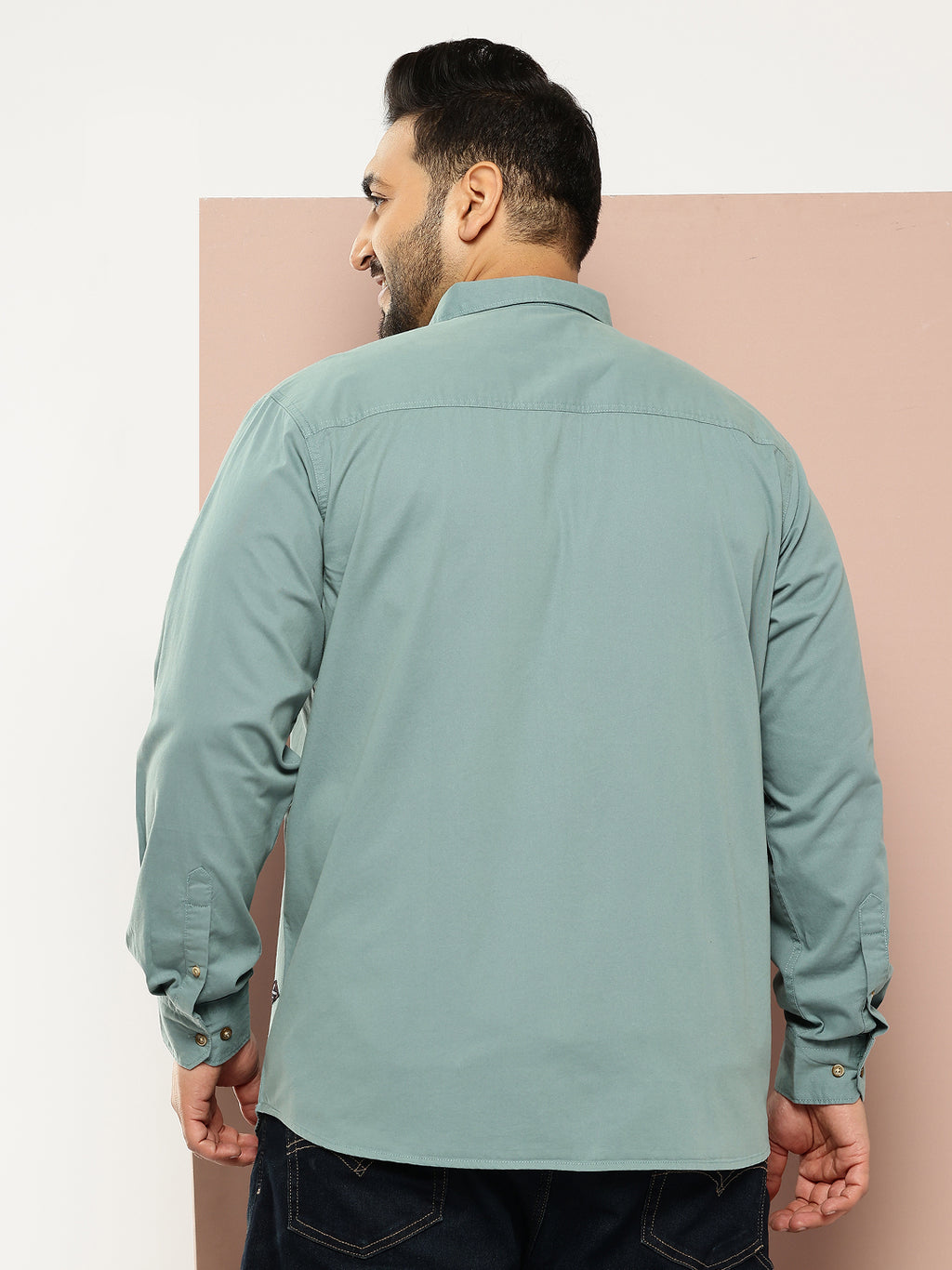 Thomas Scott Men Sea Green Plus Size Long Sleeves Spread Collar Solid 100% Cotton Casual Shirt