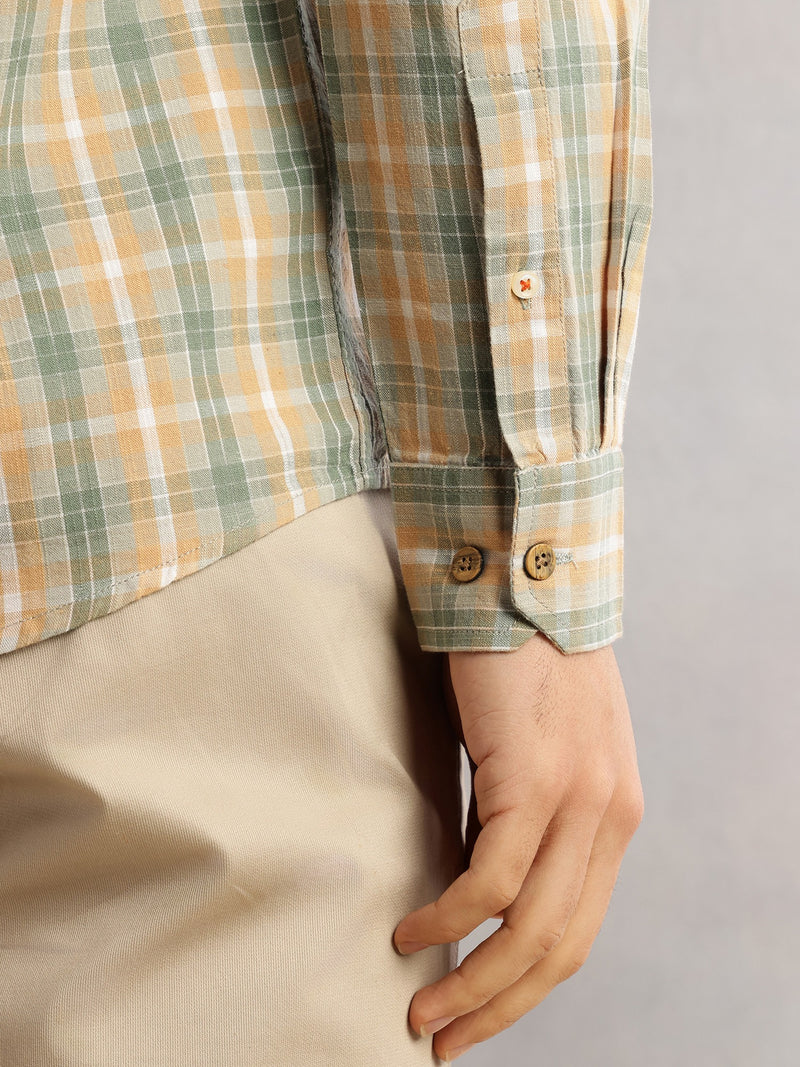 Thomas Scott Men Green Cricket Club Slim Fit Long Sleeves Button-Down Collar Graphic Checks Cotton Linen Casual Shirt
