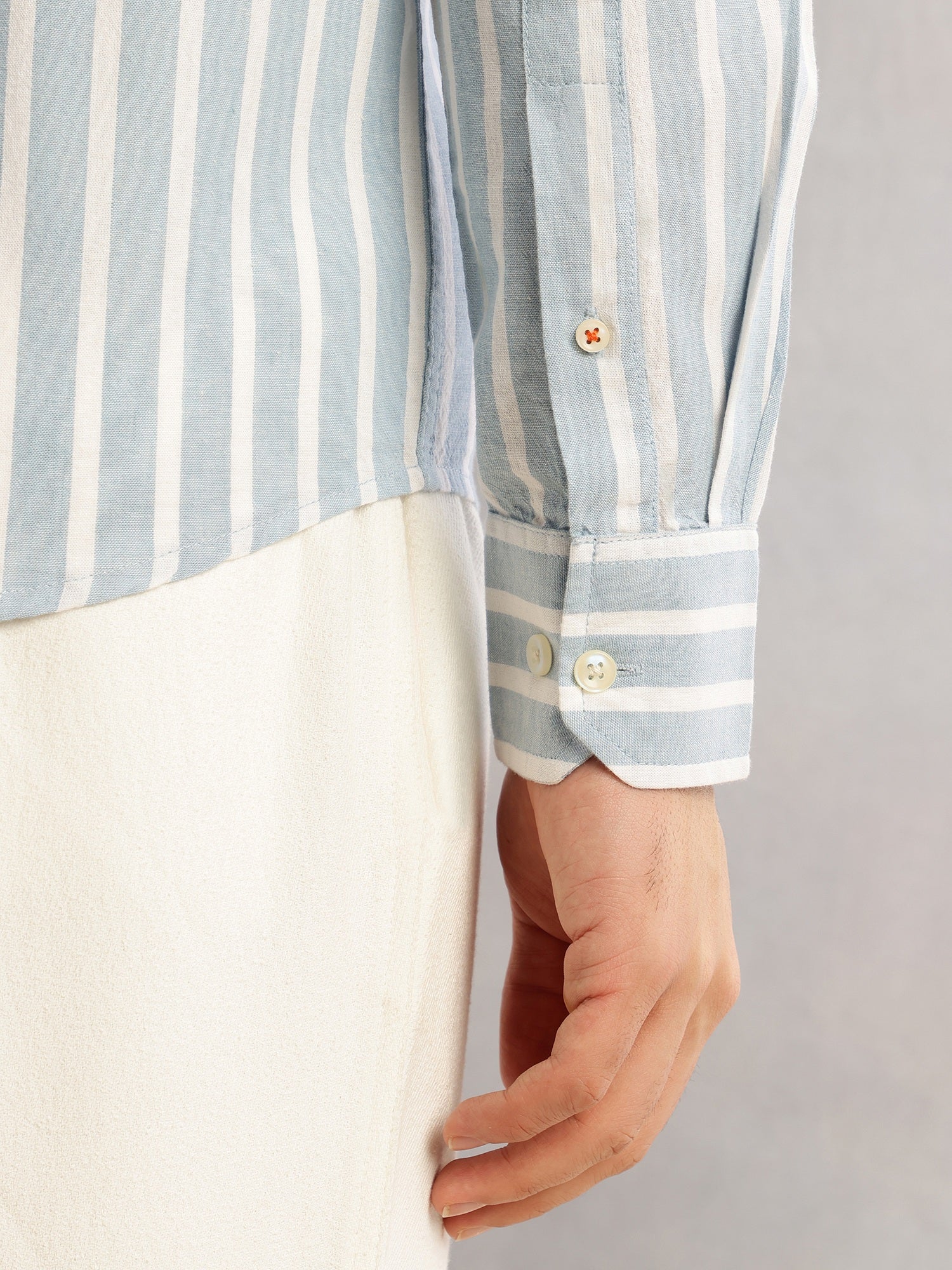 Thomas Scott Men Blue Cricket Club Slim Fit Long Sleeves Button-Down Collar Vertical Stripes Cotton Linen Casual Shirt
