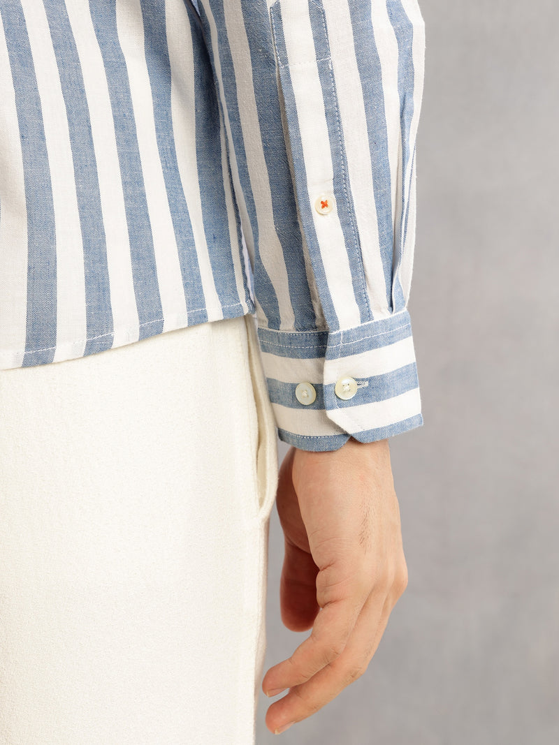 Thomas Scott Men Blue Cricket Club Slim Fit Long Sleeves Button-Down Collar Vertical Stripes Cotton Linen Casual Shirt