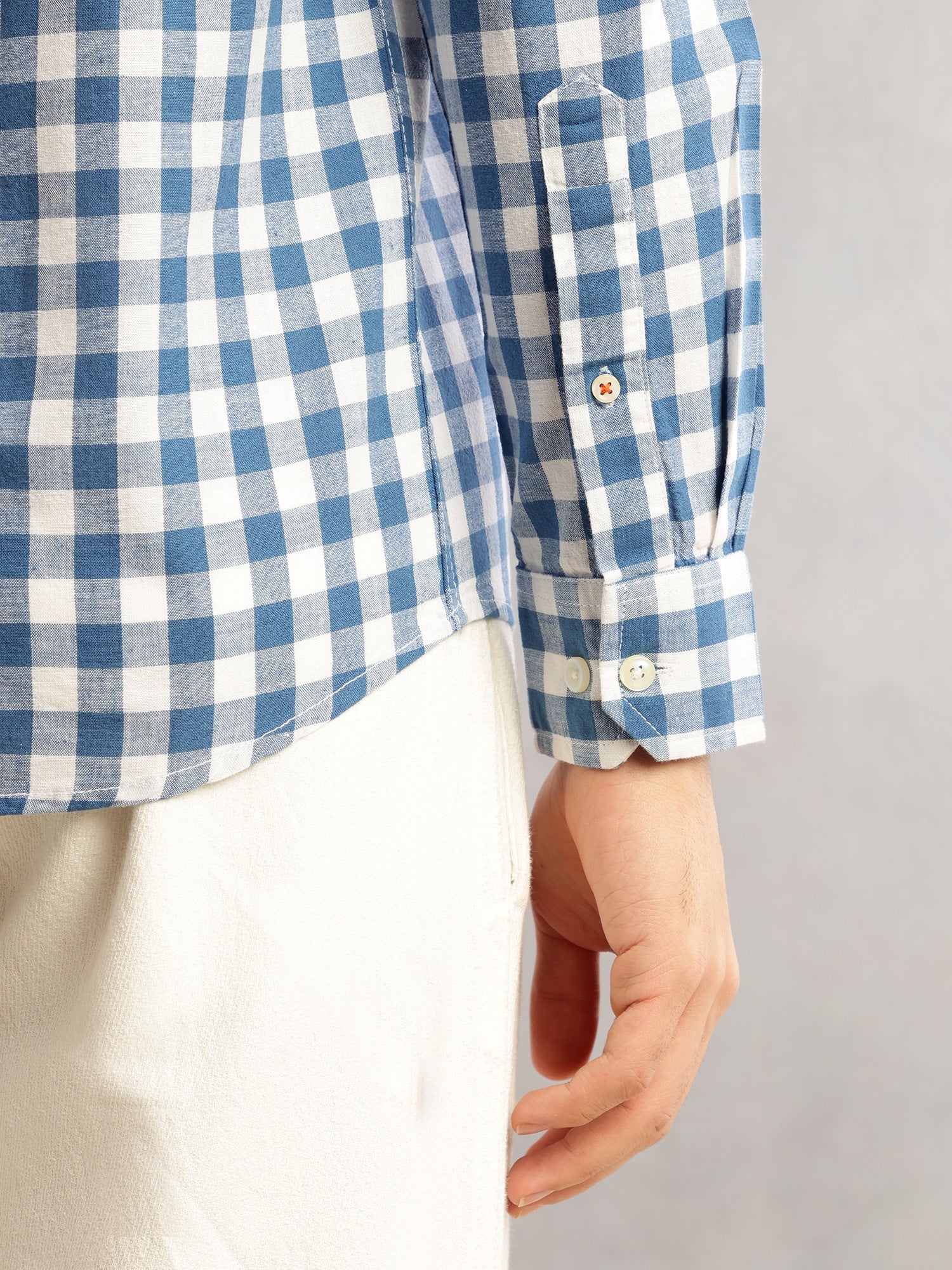 Thomas Scott Men Blue Cricket Club Slim Fit Long Sleeves Button-Down Collar Gingham Checks Cotton Linen Casual Shirt
