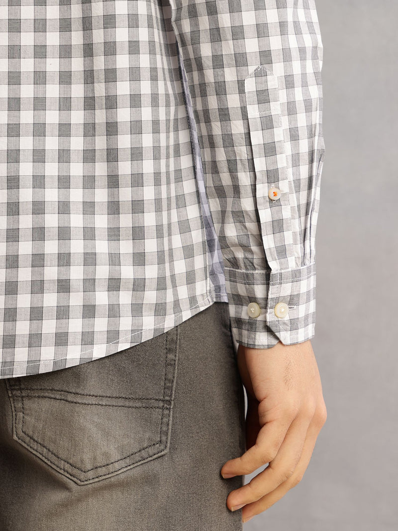 Thomas Scott Men Grey Cricket Club Slim Fit Long Sleeves Button-Down Collar Gingham Checks 100% Cotton Casual Shirt