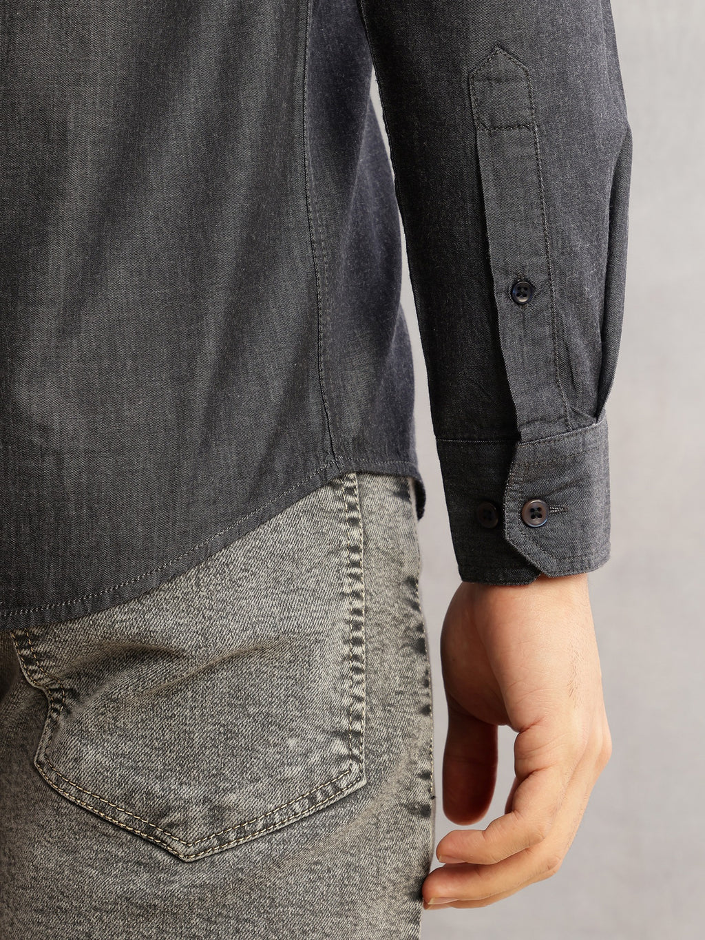 Thomas Scott Men Black Slim Fit Long Sleeves Spread Collar Chambray 100% Cotton Casual Shirt