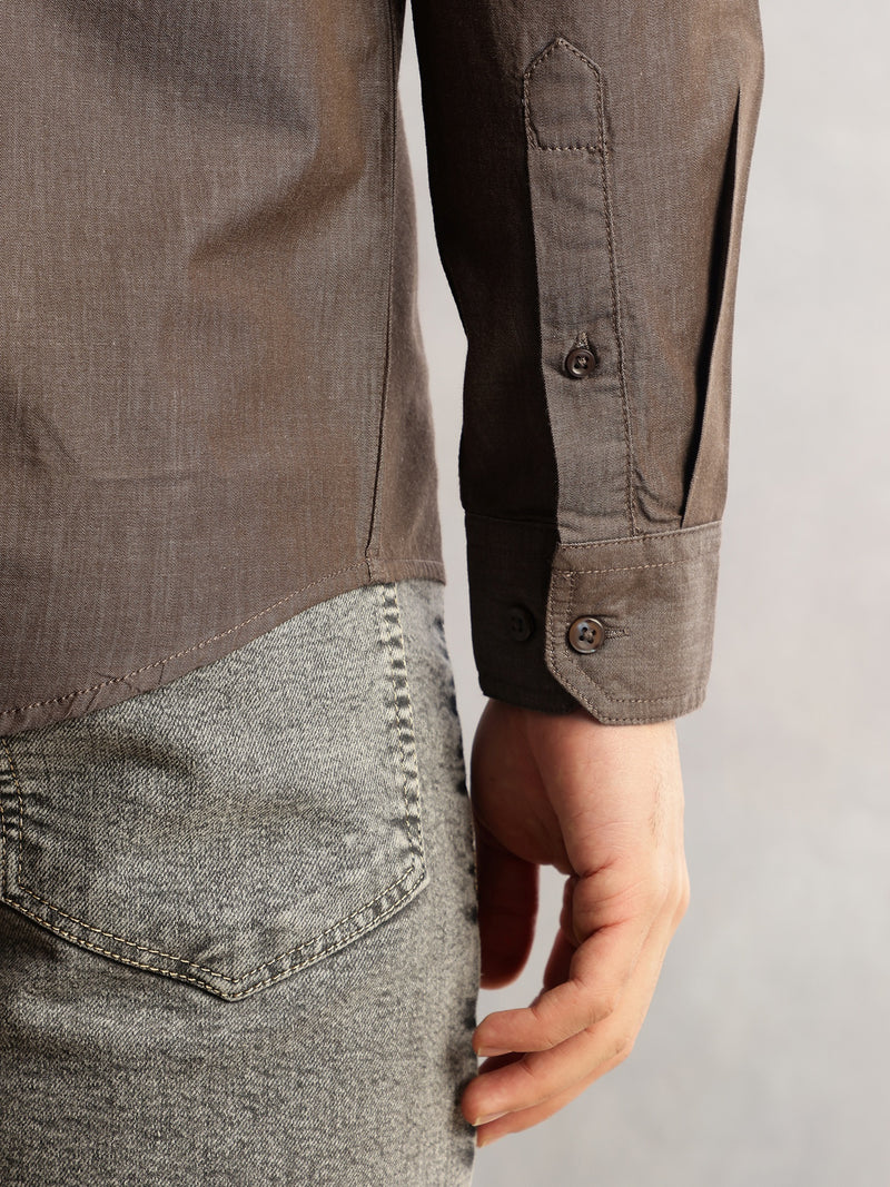 Thomas Scott Men Brown Slim Fit Long Sleeves Spread Collar Chambray 100% Cotton Casual Shirt
