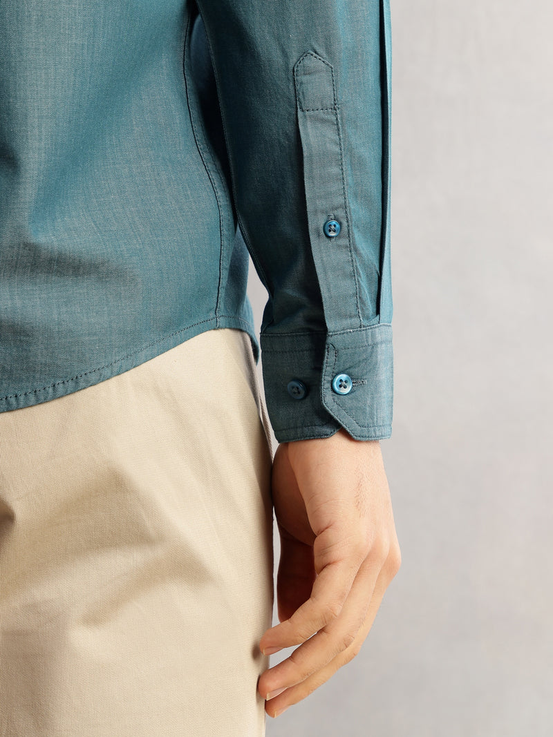 Thomas Scott Men Green Slim Fit Long Sleeves Spread Collar Chambray 100% Cotton Casual Shirt
