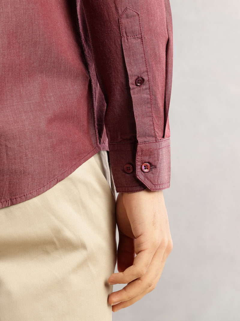 Thomas Scott Men Maroon Slim Fit Long Sleeves Spread Collar Chambray 100% Cotton Casual Shirt