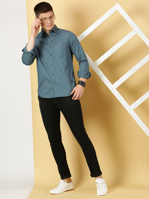 Thomas Scott Men Teal Slim Fit Long Sleeves Spread Collar 100% Cotton Flannel Casual Shirt