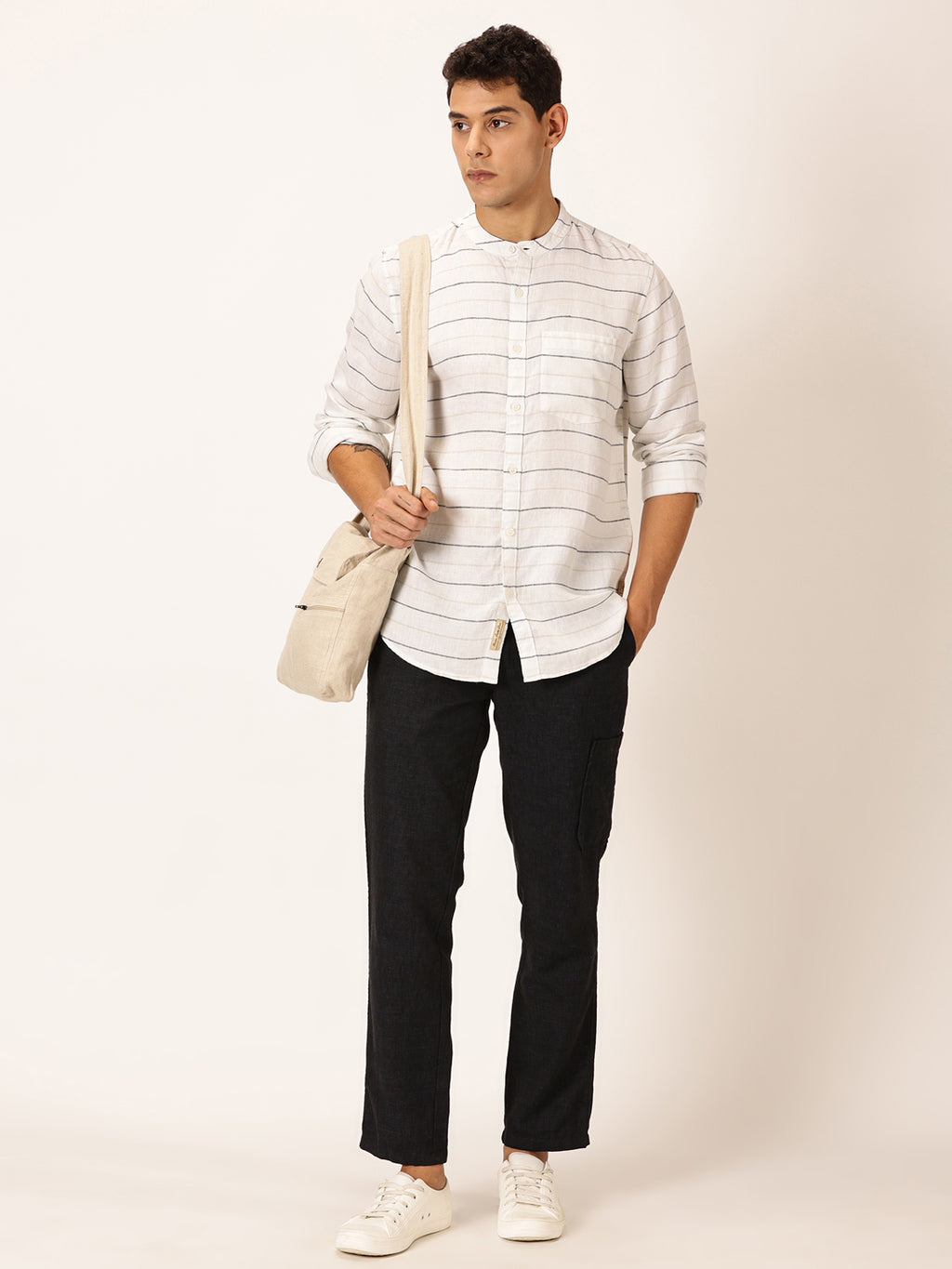 Thomas Scott Men Cream Slim Fit Long Sleeves Horizontal Stripes Linen Casual Shirt