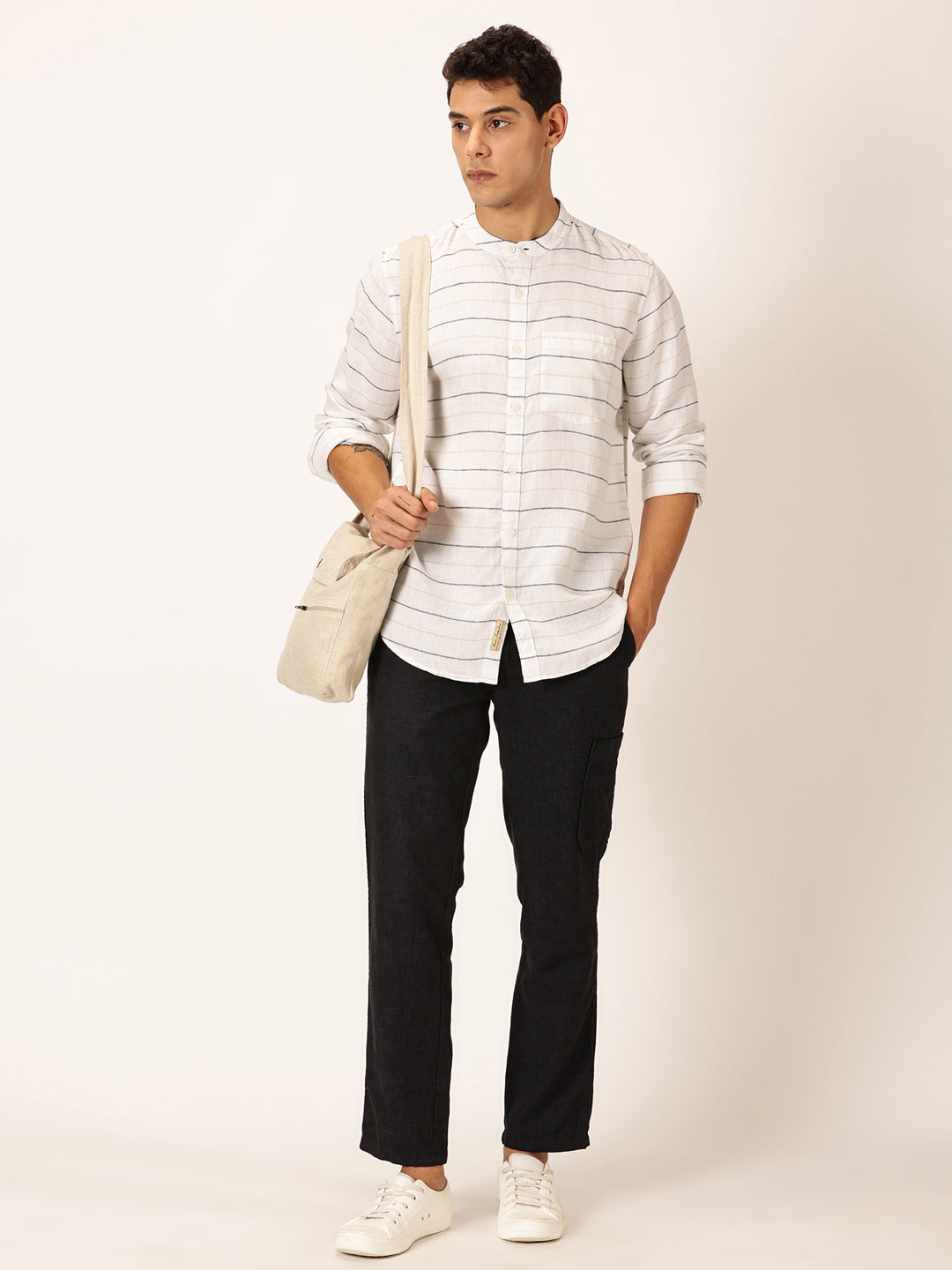 Thomas Scott Men Cream Slim Fit Long Sleeves Horizontal Stripes Linen Casual Shirt