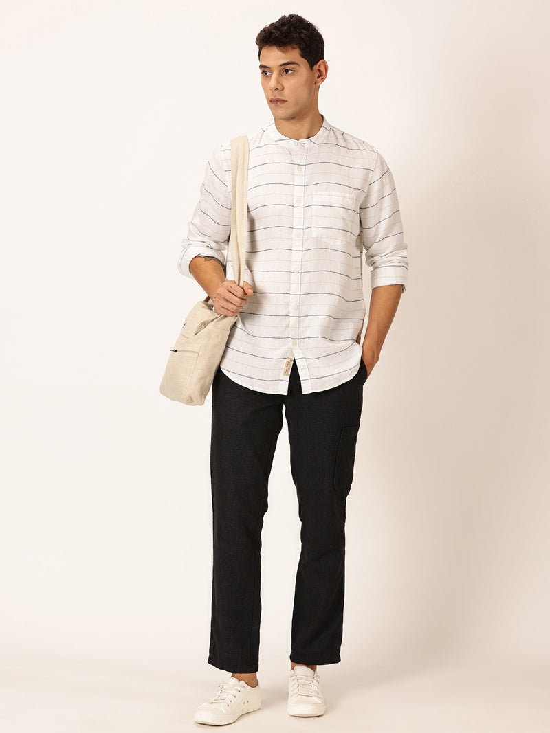 Thomas Scott Men Cream Slim Fit Long Sleeves Horizontal Stripes Linen Casual Shirt