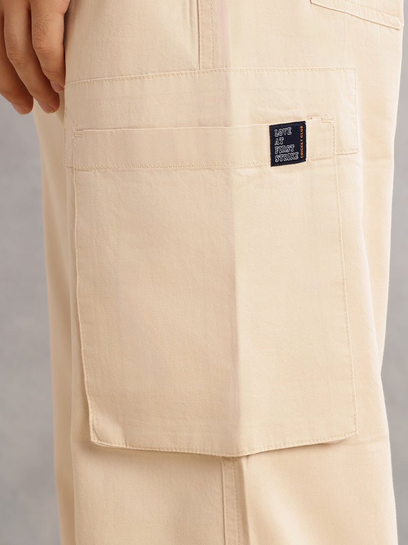 Thomas Scott Men Beige Cricket Club Straight Fit Mid-Rise Solid 100% Cotton Woven Cargo Trouser