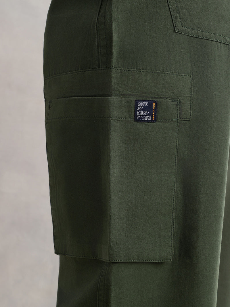 Thomas Scott Men Dark Green Cricket Club Straight Fit Mid-Rise Solid 100% Cotton Woven Cargo Trouser