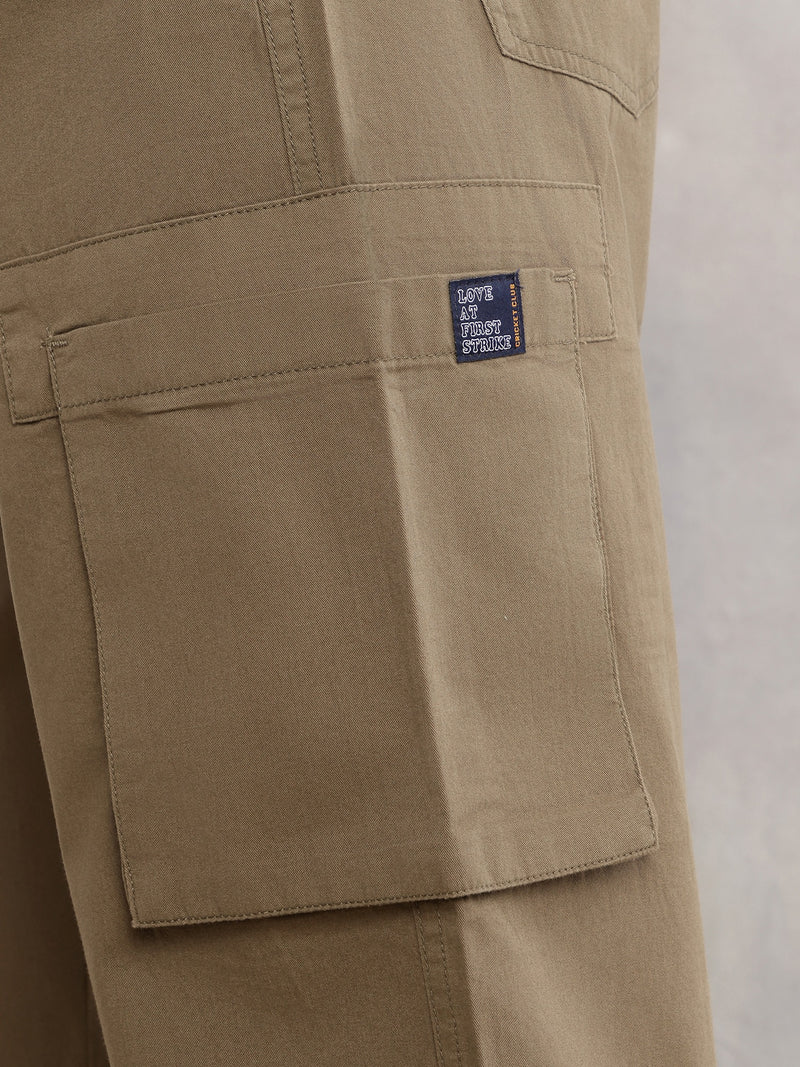 Thomas Scott Men Olive Cricket Club Straight Fit Mid-Rise Solid 100% Cotton Woven Cargo Trouser