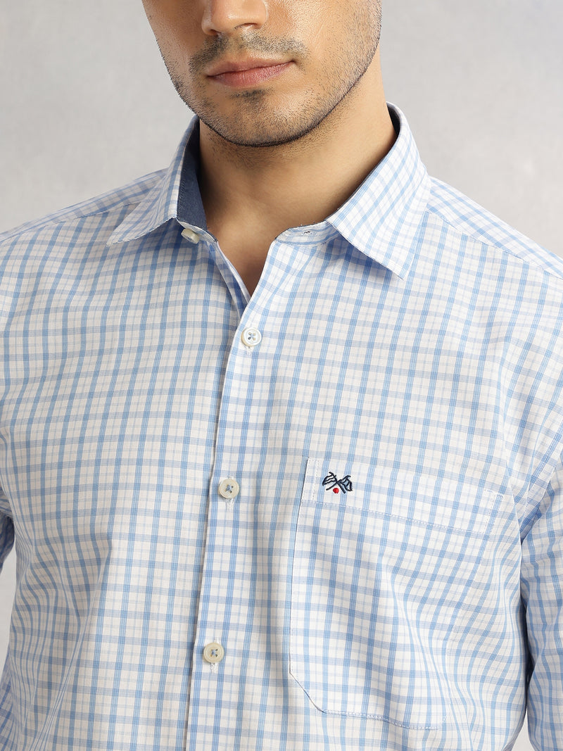 Thomas Scott Men Blue Regular Fit Long Sleeves Spread Collar Grid Tattersall Checks 100% Cotton Formal Shirt