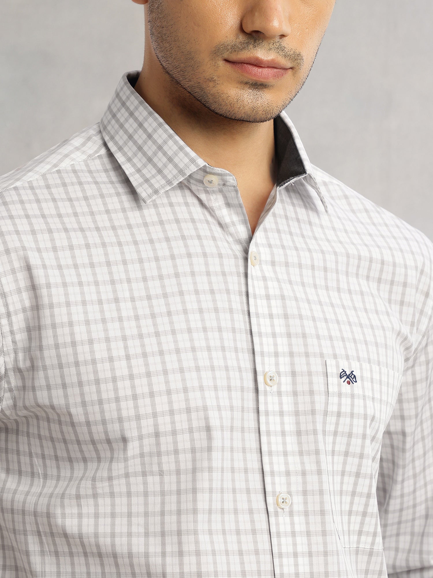 Thomas Scott Men Grey Regular Fit Long Sleeves Spread Collar Grid Tattersall Checks 100% Cotton Formal Shirt