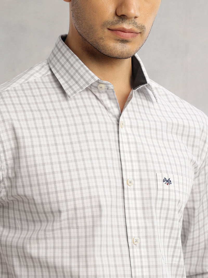 Thomas Scott Men Grey Regular Fit Long Sleeves Spread Collar Grid Tattersall Checks 100% Cotton Formal Shirt