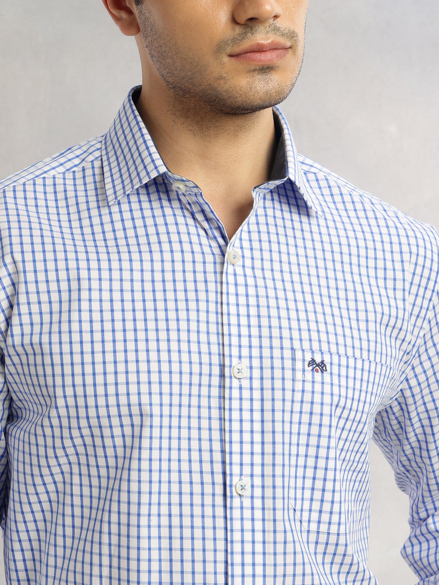 Thomas Scott Men Navy Regular Fit Long Sleeves Spread Collar Micro Checks 100% Cotton Formal Shirt