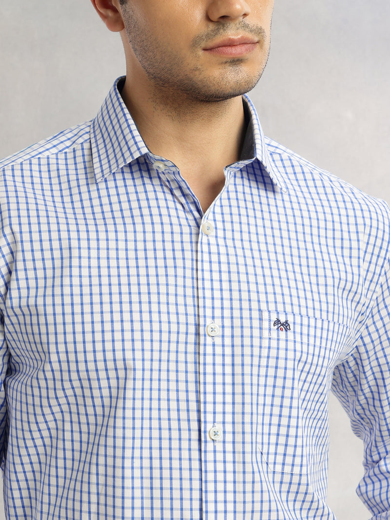 Thomas Scott Men Navy Regular Fit Long Sleeves Spread Collar Micro Checks 100% Cotton Formal Shirt