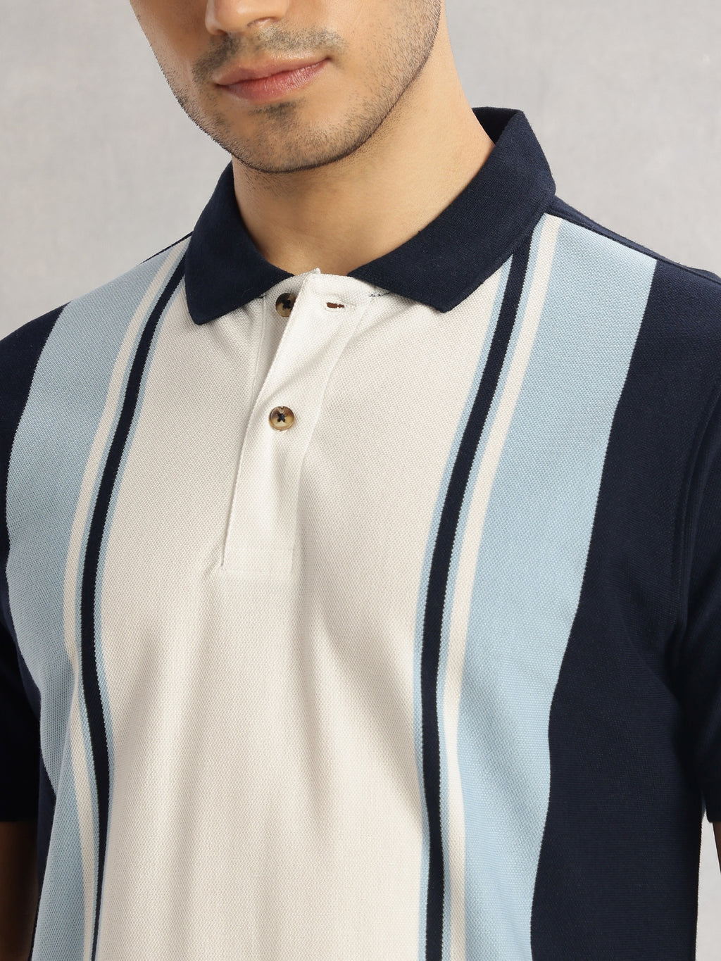 Thomas Scott Men Navy Regular Fit Short Sleeves Striped Cotton Polyester Knitted Polo Collar Tshirt