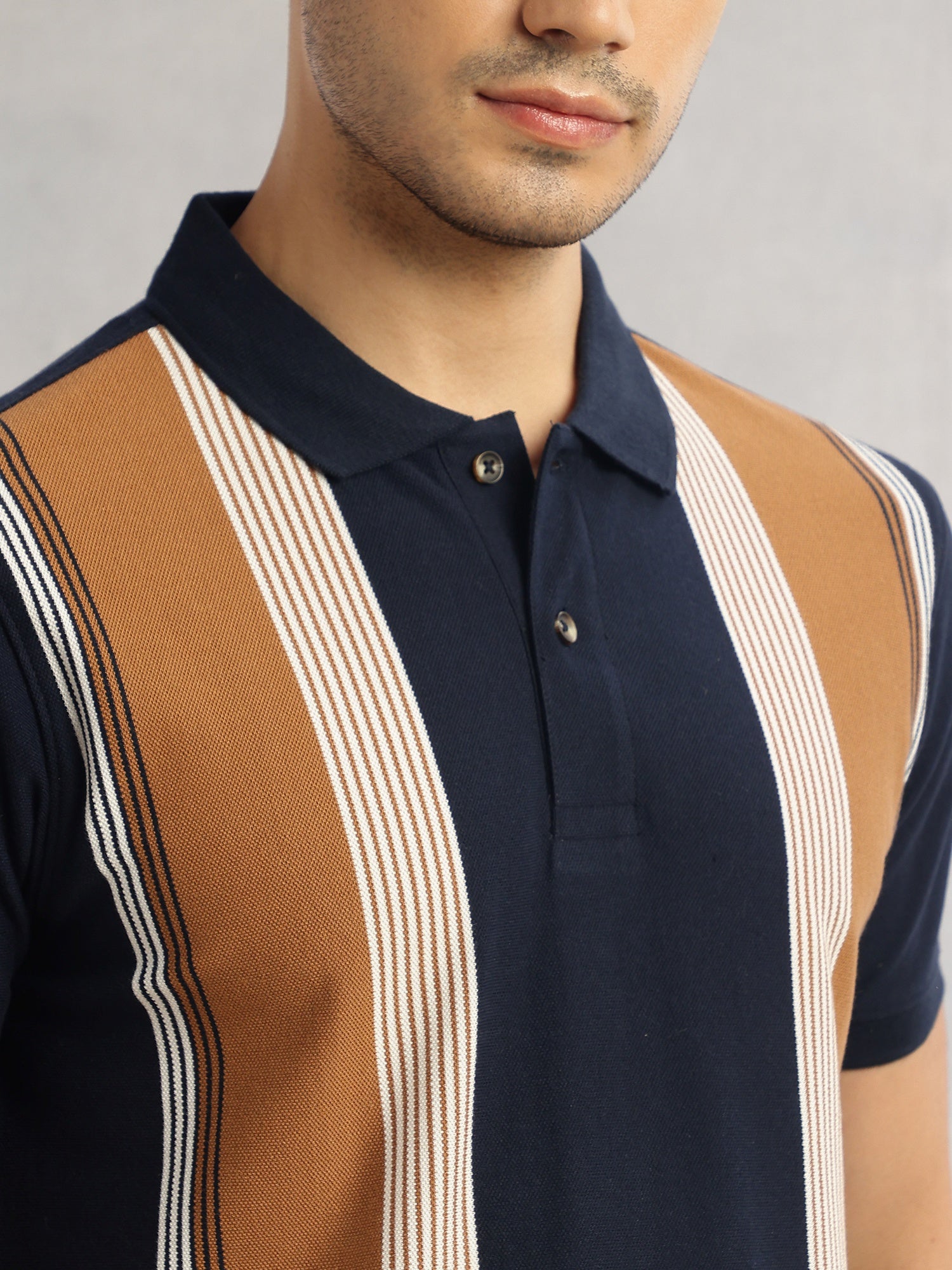 Thomas Scott Men Navy Regular Fit Short Sleeves Striped Cotton Polyester Knitted Polo Collar Tshirt