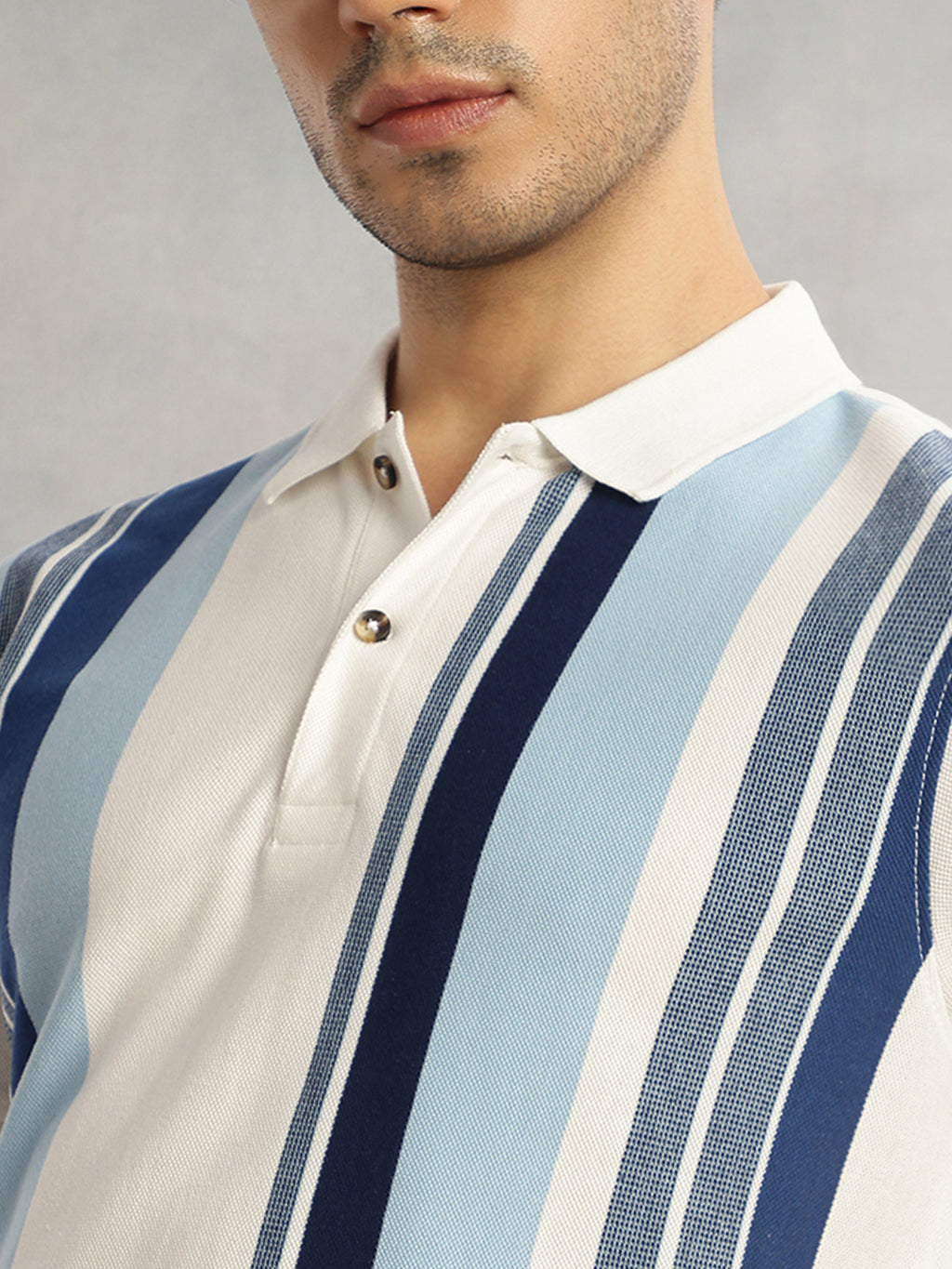 Thomas Scott Men Steel Blue Regular Fit Short Sleeves Striped Cotton Polyester Knitted Polo Collar Tshirt